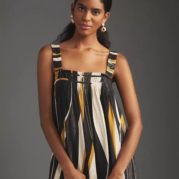 NWT By Anthropologie Square-Neck Waistless Midi Dress Black Motif Size L - Picture 1 of 9